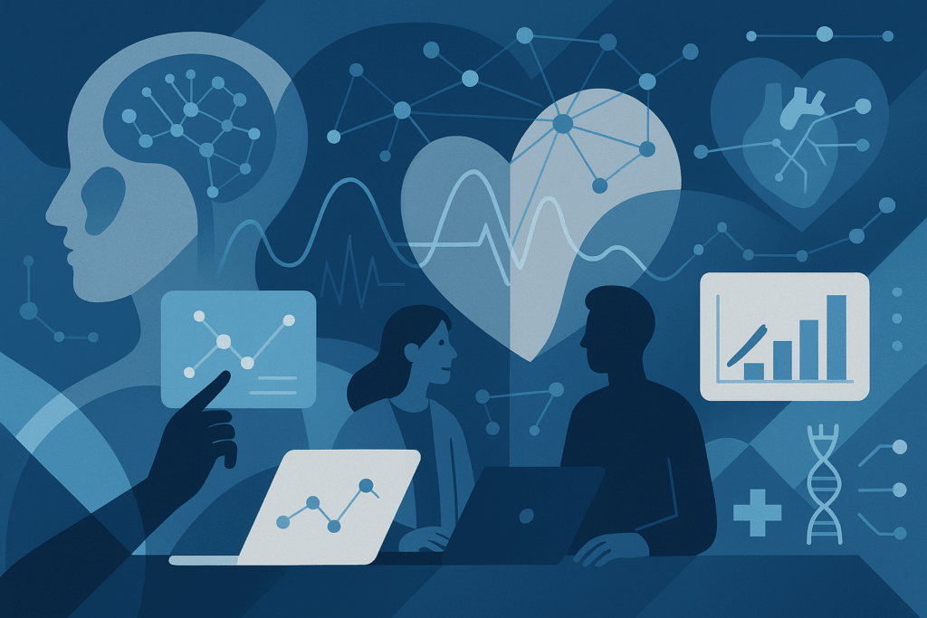 Abstract digital illustration of two figures interacting with AI dashboards, neural networks, and anatomical icons like a heart and brain, representing hands-on research in healthcare and artificial intelligence.