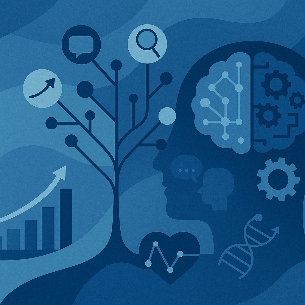 Abstract illustration featuring a neural network tree, a gear-integrated brain silhouette, and icons for analysis, research, and communication, symbolizing immersive real-world experience in healthcare AI.