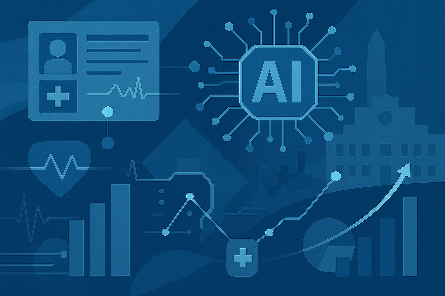 Abstract blue-toned illustration showing interconnected healthcare AI systems: central AI hexagon, EHR interface, wearable health tracker, heart and hospital icons, bar charts, and a silhouette of the Washington Monument in the background.