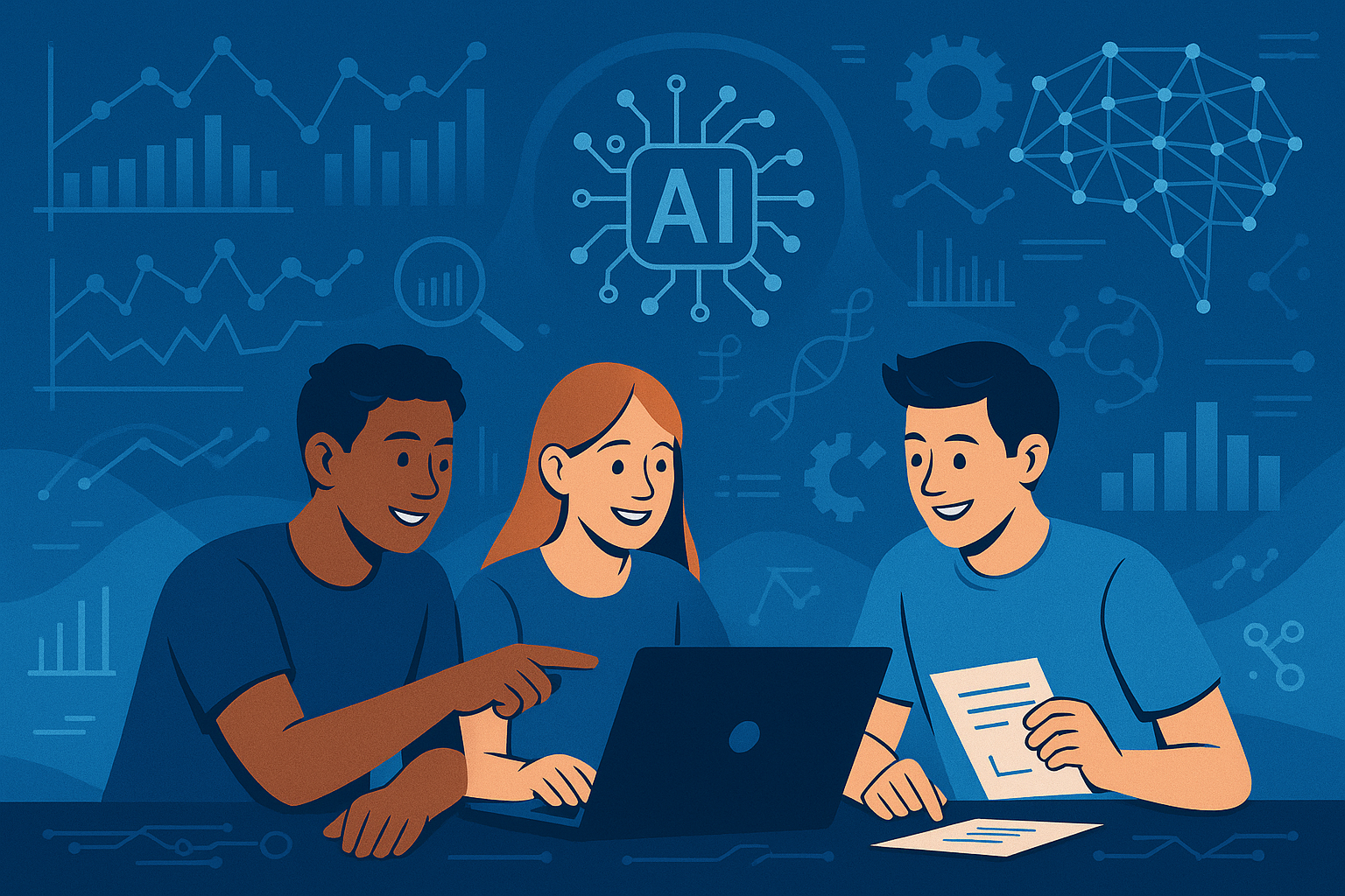 A group of three students collaborates around a laptop, analyzing charts and data visualizations in a healthcare and AI-themed environment, with digital icons like neural networks, DNA strands, bar graphs, and an AI brain chip in the background.