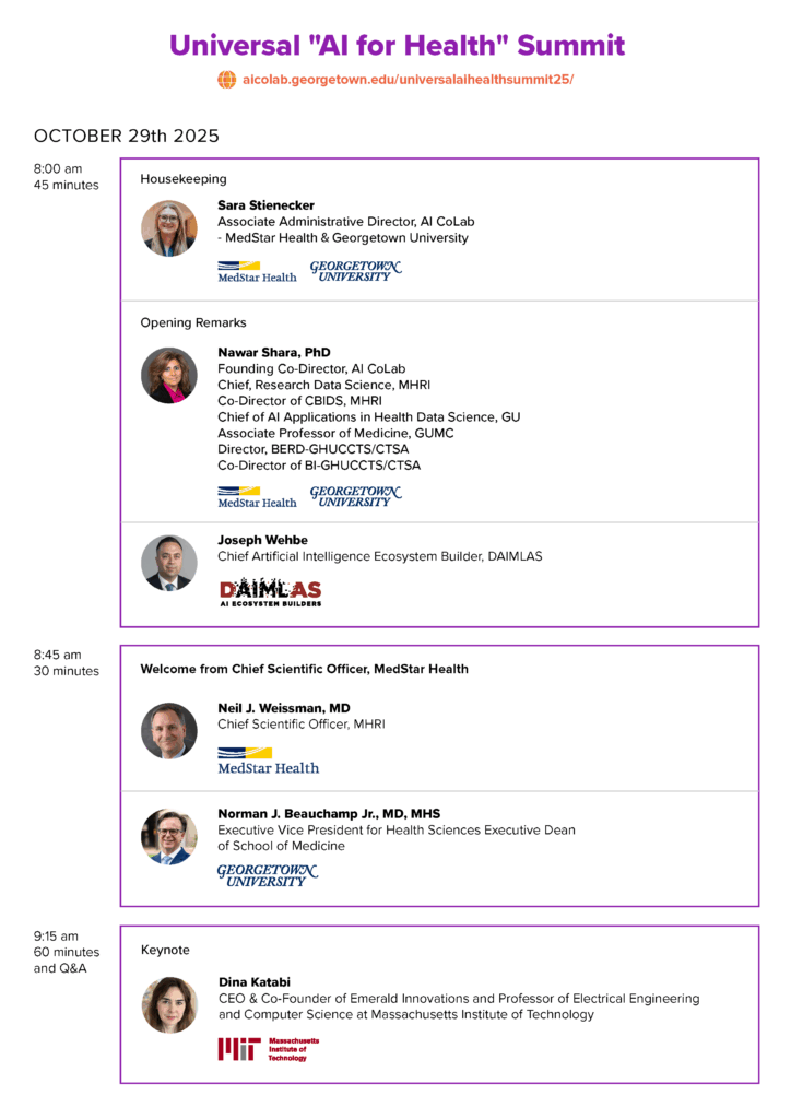 Universal AI for Health Summit 2025 opening schedule featuring Sara Stienecker, Nawar Shara, Joseph Wehbe, Neil Weissman, Norman Beauchamp, and keynote speaker Dina Katabi from MIT.