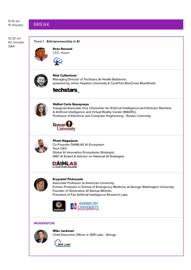 Panel on Entrepreneurship in AI featuring leaders from Techstars, DAIMLAS, American University, Rowan University, and Kwaai.