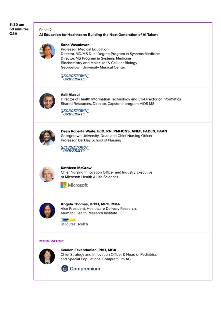 Panel on AI Education for Healthcare featuring faculty from Georgetown University, Microsoft, and MedStar Health.