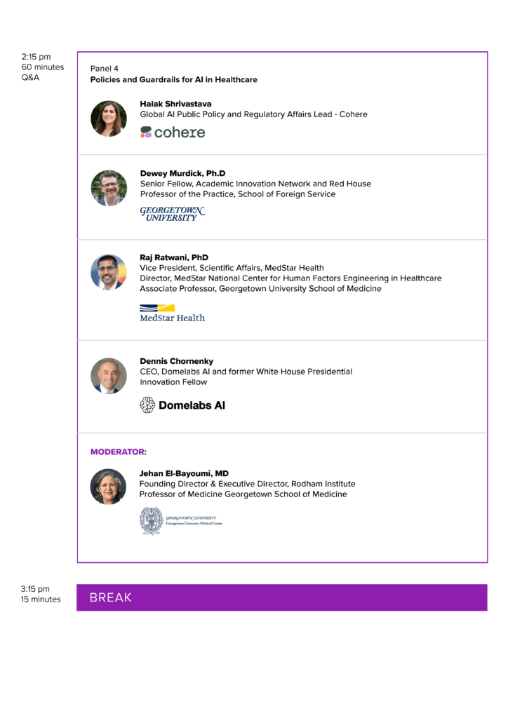 Panel on AI policy and ethics featuring speakers from Cohere, MedStar Health, Georgetown University, and Domelabs AI.