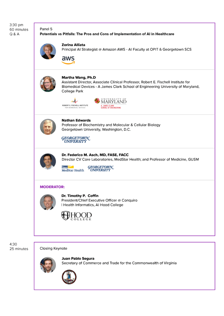 Panel on the pros and cons of AI implementation in healthcare featuring experts from AWS, University of Maryland, Georgetown University, and MedStar Health.