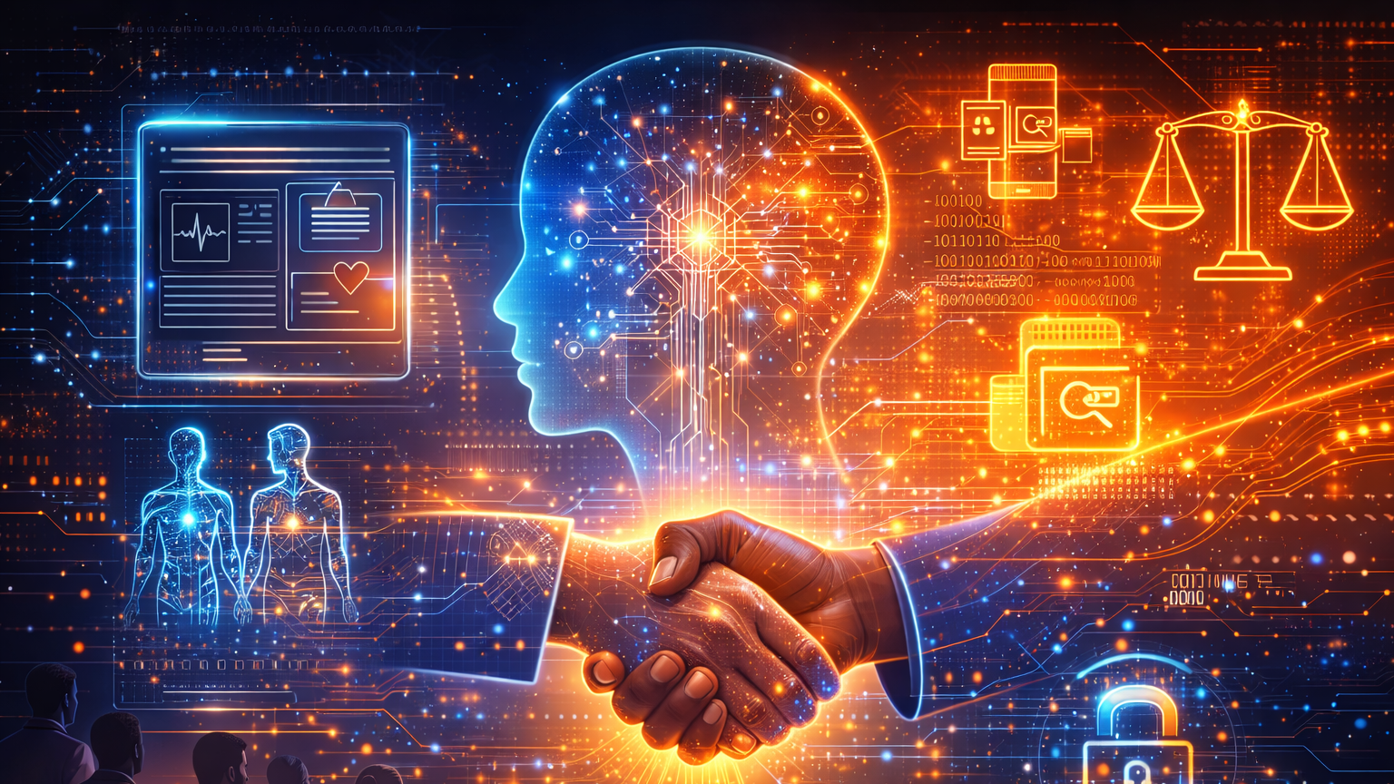 Illustration showing a glowing AI driven human profile and interconnected data icons representing clinical decision support, digital twins, health equity, secure data sharing, and collaborative healthcare research.