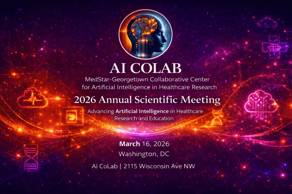 Promotional banner for the AI CoLab Annual Scientific Meeting 2026 featuring an orange and purple gradient background with white text highlighting artificial intelligence in healthcare research, clinical innovation, academic collaboration, industry partnerships, and global leadership.