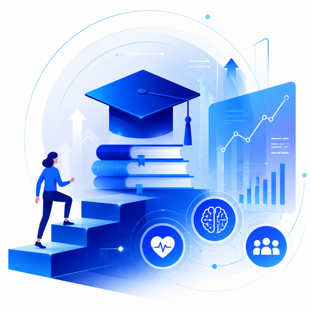 Illustration of AI healthcare education and analytics featuring graduation cap, books, medical and AI icons, growth charts, and learner climbing steps in a blue futuristic design.